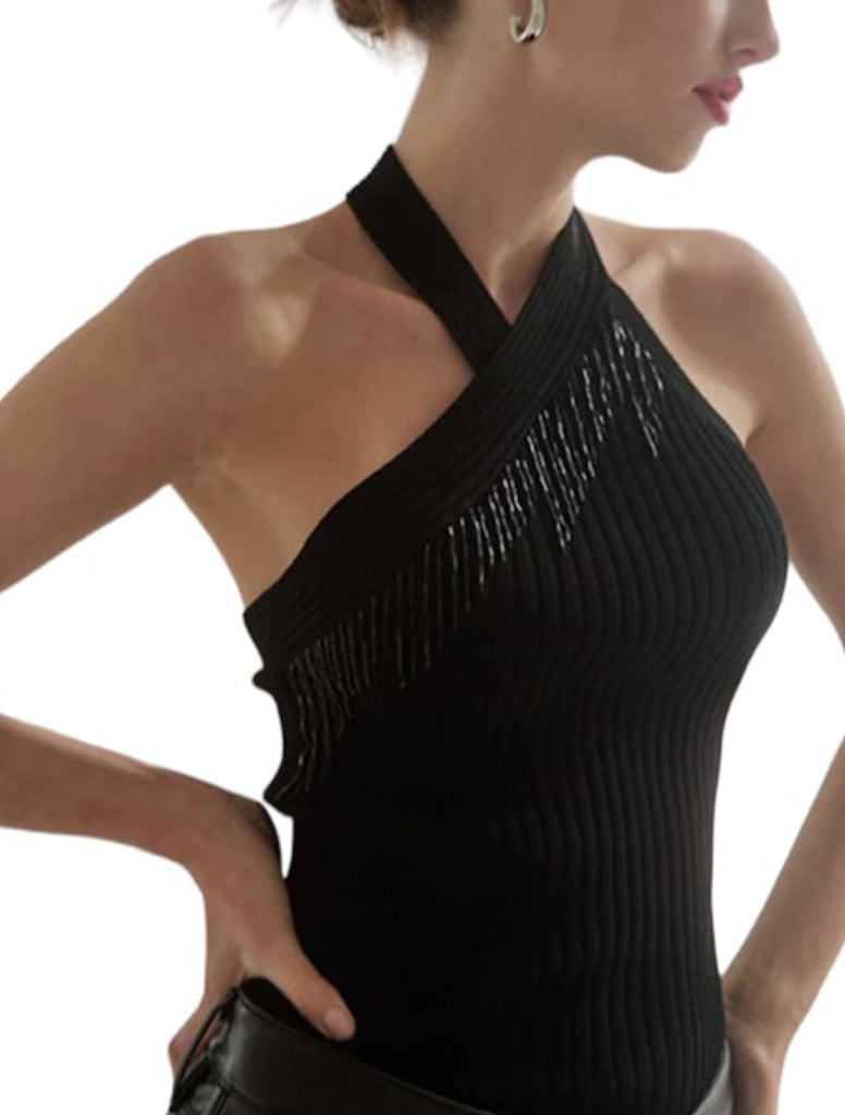 Asymmetric Rib Halter With Beading - AUTUMN CASHMERE